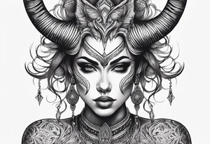 symmetrical beautiful horror woman head with curved horns facing downwards dark realism looking front facing view tattoo idea