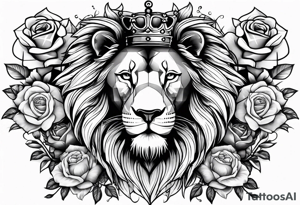 Lion with crown roaring with roses tattoo idea