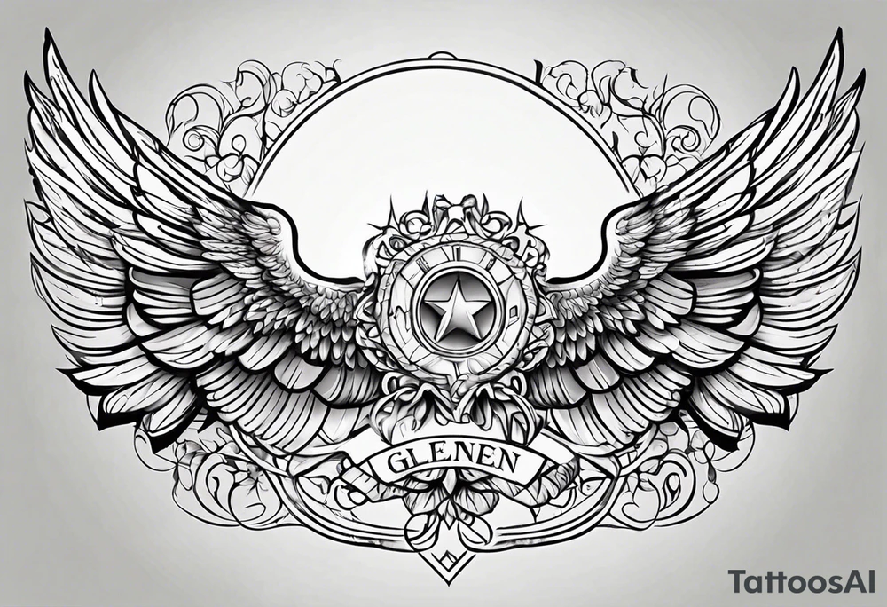 Simple tattoo with the word Glenn on a banner and angel wings tattoo idea