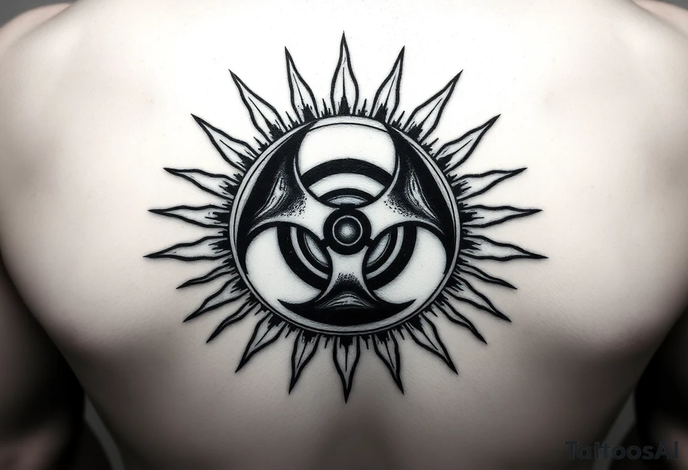 biohazard symbol inside a sun with bold lines, in an old-school black ink style. tattoo idea