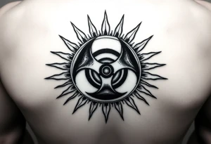 biohazard symbol inside a sun with bold lines, in an old-school black ink style. tattoo idea
