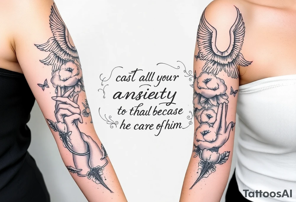 cast all your anxiety on him because he cares for you"  surrounded with clouds and angels and praying hands tattoo idea