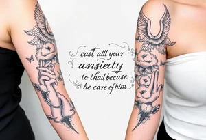 cast all your anxiety on him because he cares for you"  surrounded with clouds and angels and praying hands tattoo idea