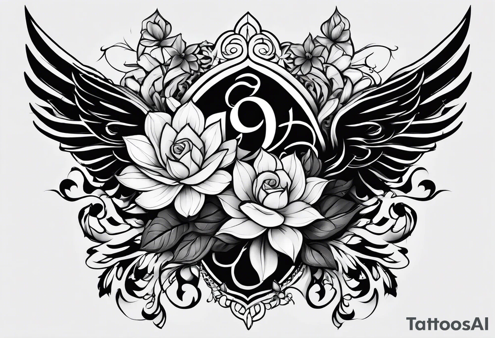 “900 DAYS” large gothic font tattoo, black work floral around it but minimal. tattoo idea