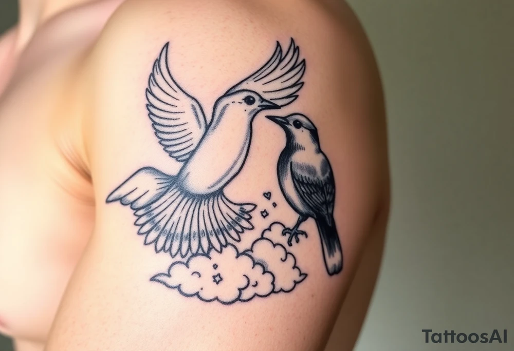 Dove and a blue jay, clouds, shining light to or from heaven tattoo idea