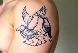 Dove and a blue jay, clouds, shining light to or from heaven tattoo idea