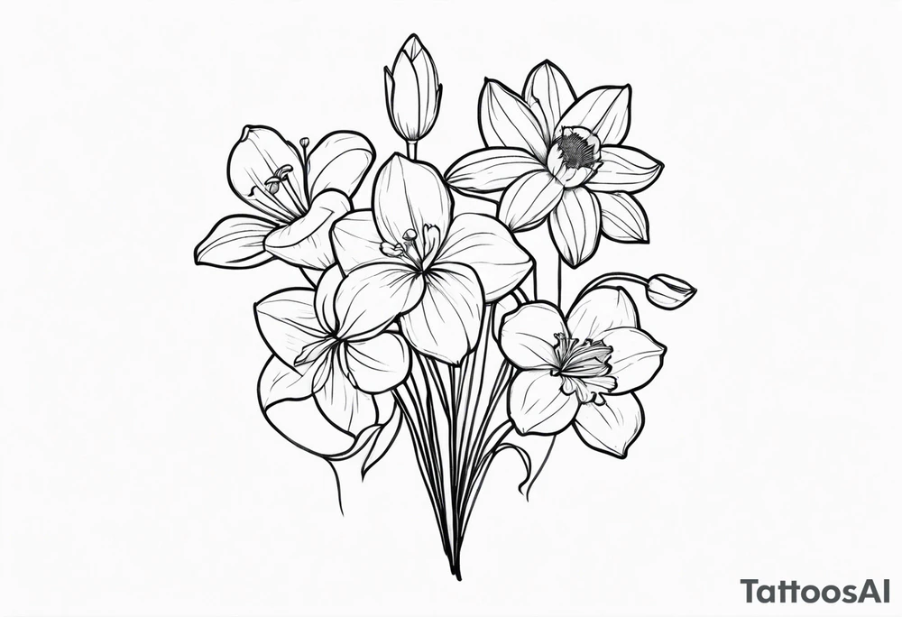 bouquet of flowers containing one lily, one daisy, one daffodil, and one narcissus. fine line with the stems in a bouquet tied by a bow. tattoo idea