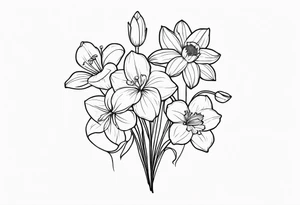 bouquet of flowers containing one lily, one daisy, one daffodil, and one narcissus. fine line with the stems in a bouquet tied by a bow. tattoo idea