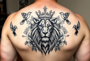 powerful majestic lion with a crown, surrounded by floral ornaments and birds tattoo idea