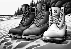 Two flip flops next to a pair of timberland boots on the Beach. tattoo idea