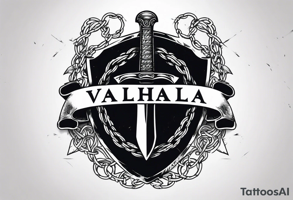 Valhalla sword shield axe barbed wire chains dark cloud tattoo idea