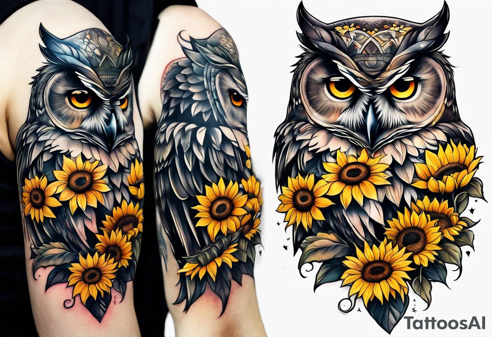 Owl with sunflowers leg sleeve tattoo idea