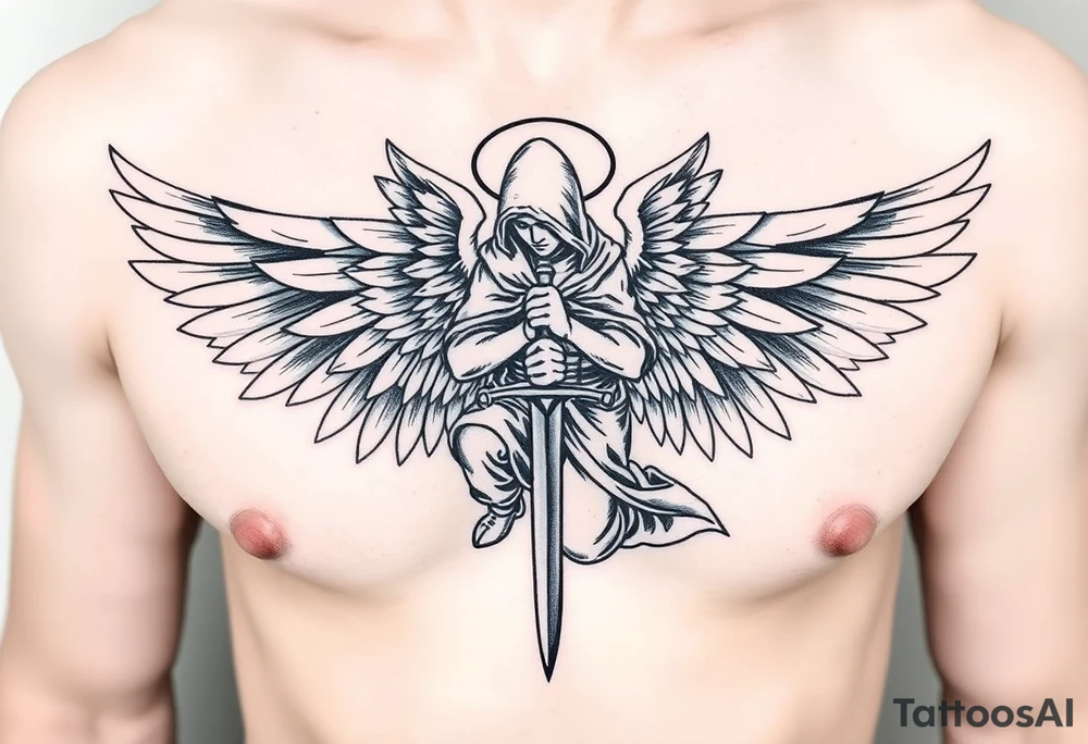 Soldier Angel with long sword  kneeling looking down cloak over head wings
 spread tattoo idea