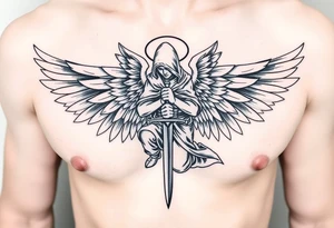 Soldier Angel with long sword  kneeling looking down cloak over head wings
 spread tattoo idea
