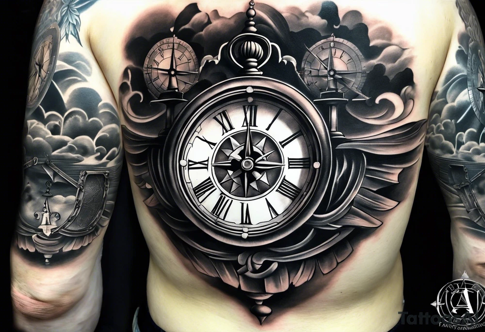 draw me a tattoo with an old clock and a compass rose. shadows of roman numerals are in the background. it is a tattoo located on the left shoulder of a man. it is black and white. tattoo idea