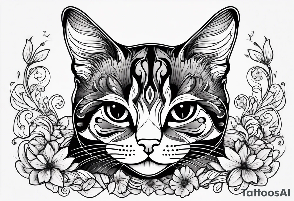 Illustrate a small tattoo of a tabby cat curled up, surrounded by gentle swirls or floral elements to enhance its cozy vibe tattoo idea