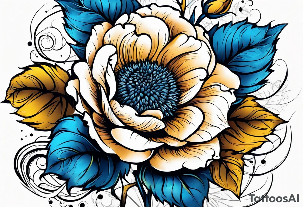 flower rose and blue, sunflower, tattoo idea