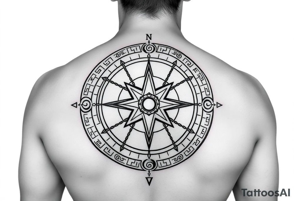 Create a line work Viking compass using symbols for protection, wisdom, and knowledge from both the Aztec and Viking cultures. Make the image very simple and able to print. Outline only not a lot of thick black use elder futhark runes for protection, wisdom and luck. tattoo idea