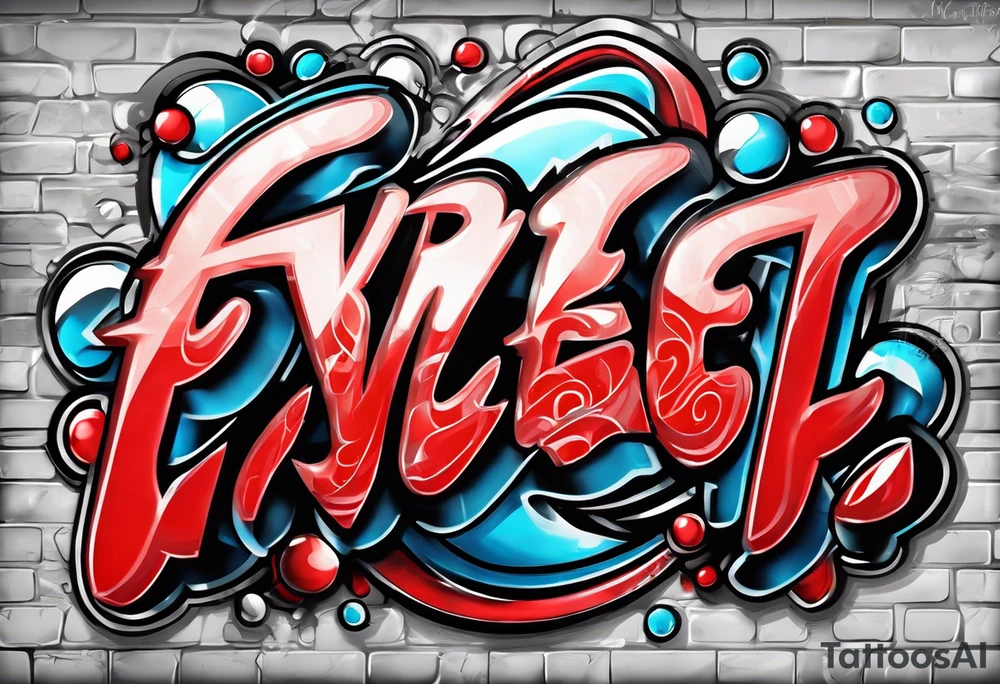 The name “EVERETT” in old school bubble graffiti with 3d effects with mostly red, black and white tattoo idea