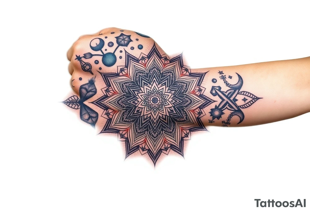 intricate mandala with sacred geometry and cosmic elements with honey combs filling in blank space tattoo idea