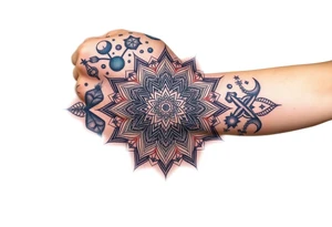 intricate mandala with sacred geometry and cosmic elements with honey combs filling in blank space tattoo idea