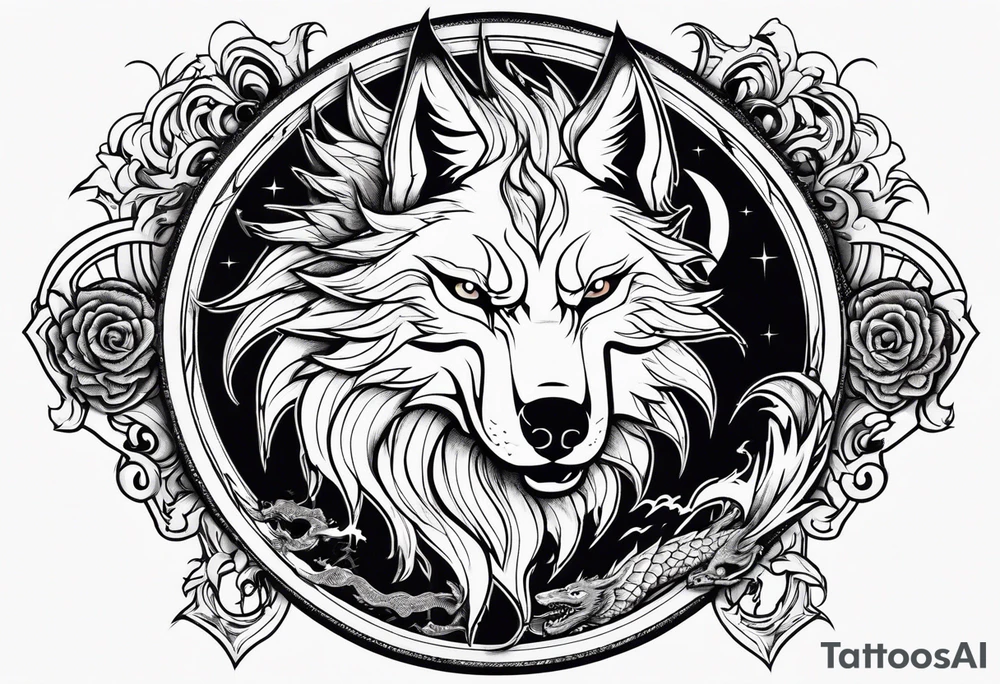 wolf with a dragon and lightning and the moon in the background tattoo idea