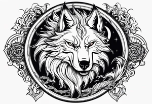 wolf with a dragon and lightning and the moon in the background tattoo idea