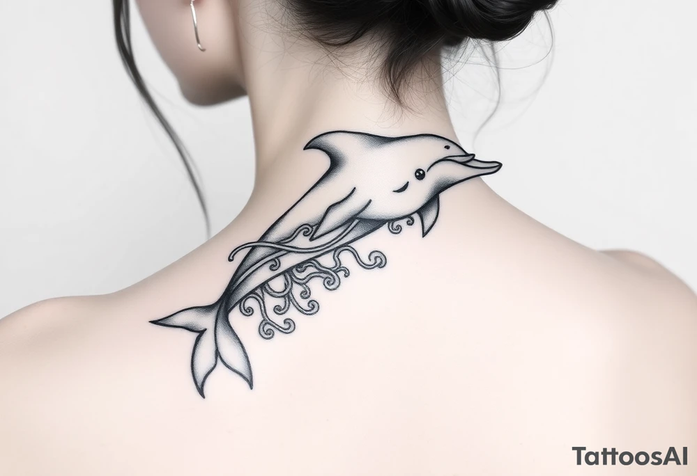 Dolphin and waves on spine tattoo idea