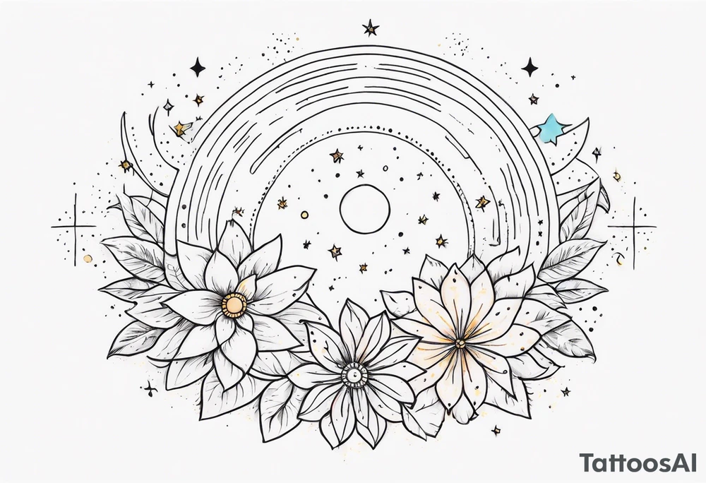fine line with sun, stars, floral, dots. Sternum tattoo tattoo idea