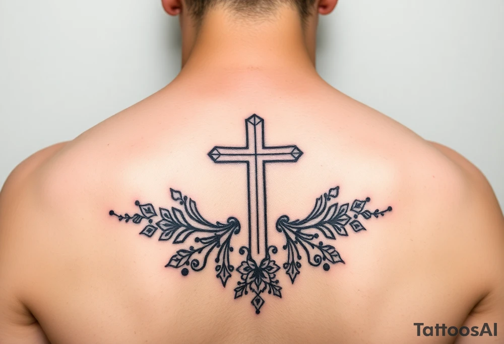 christian cross, surrounded by geometrics ornaments tattoo idea