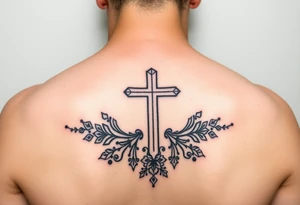 christian cross, surrounded by geometrics ornaments tattoo idea