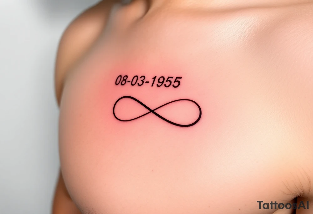 Quero uma tatuagem no antebraço, simples e elegante. O design deve começar com a data de nascimento do meu avô 08-03-1955escrita em vermelho, seguida de um símbolo de infinito em branco, com uma leve sombra ao redor para destacá-lo. O símbolo de infinito deve continuar numa linha reta, como se fosse um infinito sem fim. A linha deve ser discreta e uniforme, mantendo um estilo minimalista. tattoo idea