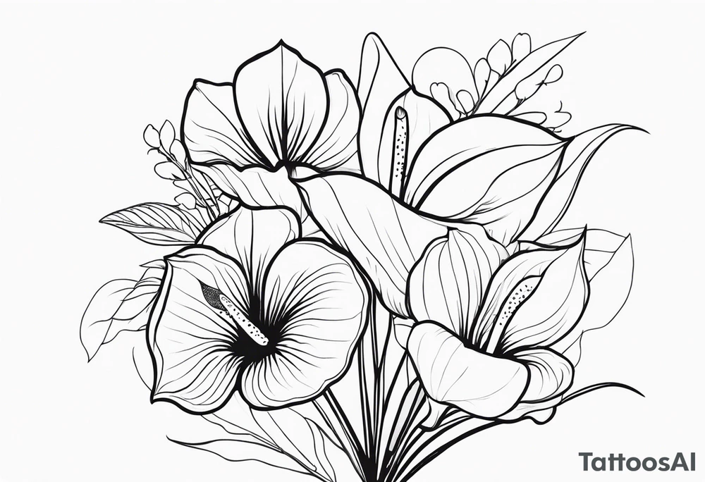 Bouquet de fleurs en long avec des oeillets et on rajoute des anthuriums tattoo idea