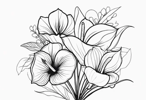 Bouquet de fleurs en long avec des oeillets et on rajoute des anthuriums tattoo idea