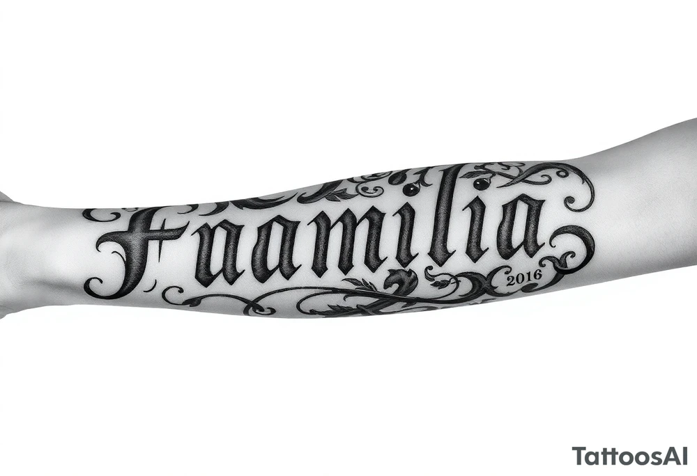 powerful calligraphic text on forearm „Familia“ the rest of the full sleeve can contain gothic figures like greek gods and clouds or lightbeams as shading and filler there should be a date included in roman numerale the rest can be anything in realistic gothic style tattoo idea