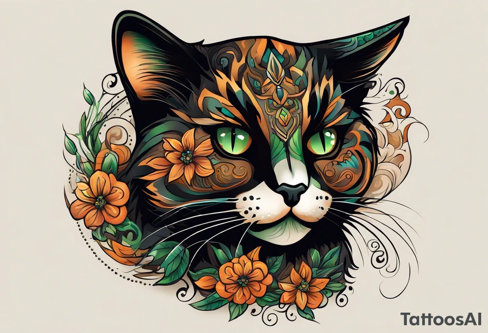 A detailed tattoo design of a tortoiseshell cat, emphasizing its distinct black, orange, and brown fur patterns in a stylized, illustrative manner. The cat's face is turned slightly upwards, with piercing green eyes that are accentuated for a bold, captivating look. Fine details such as the delicate whiskers, sharp ears, and subtle fur texture are highlighted. The background is minimal, perhaps incorporating abstract geometric shapes or soft shading to keep the focus on the cat's striking features. The overall design should be bold yet elegant, with clean lines and intricate shading that brings the cat to life in a timeless, artistic tattoo style tattoo idea