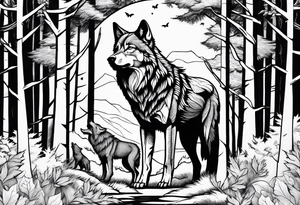 Male and female wolf surrounded by woods tattoo idea