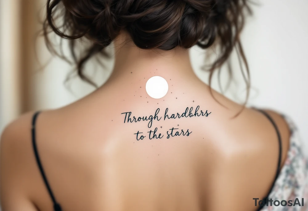 Flowing in teal ink across the spine, “Through hardships to the stars” is crowned with a glowing white moon. tattoo idea