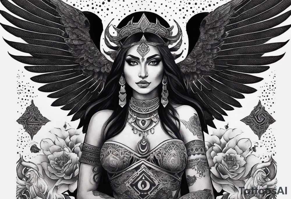 black kali, goddess pirate, alien, angel, pachamama, valkrye, warrior, flying, skull, lotus azul, wing, eagle, zenza resonance, stars, 5D, anahata chakra, death, durga, riding on a tiger, flying lady, chest tatoo tattoo idea