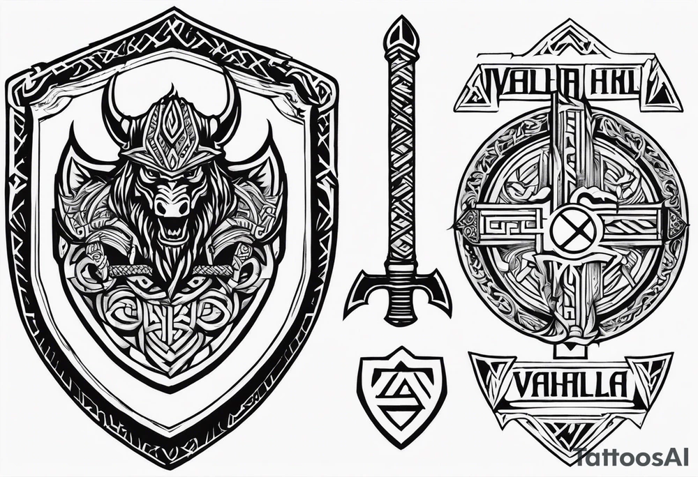 Valhalla sword shield dragon axe Valknut helm of awe tattoo idea