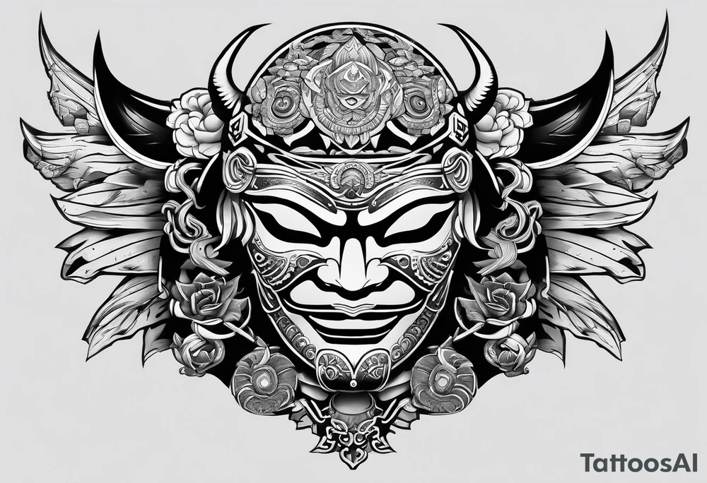 hanya mask on the shoulder, mask from ghost of Tsushima, hanya mask with three eyes tattoo idea