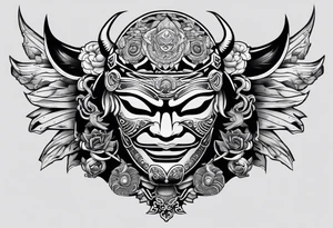 hanya mask on the shoulder, mask from ghost of Tsushima, hanya mask with three eyes tattoo idea