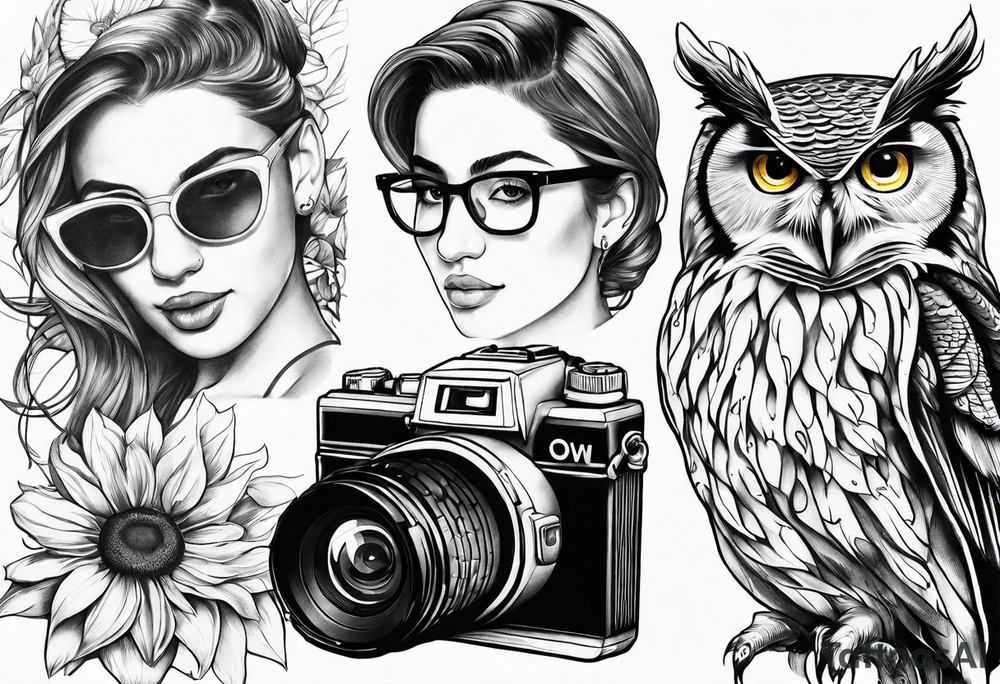 sunflower, camera, fish, owl tattoo idea