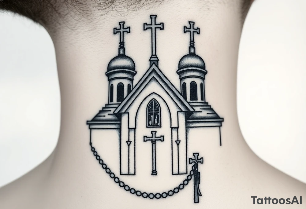 russian orthodox church with the crosses above being christian orthodox but in a AK47 style with a beaded orthodox thurible chain tattoo idea