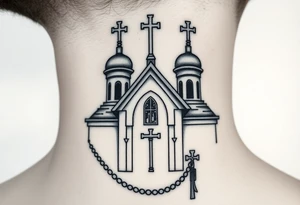 russian orthodox church with the crosses above being christian orthodox but in a AK47 style with a beaded orthodox thurible chain tattoo idea