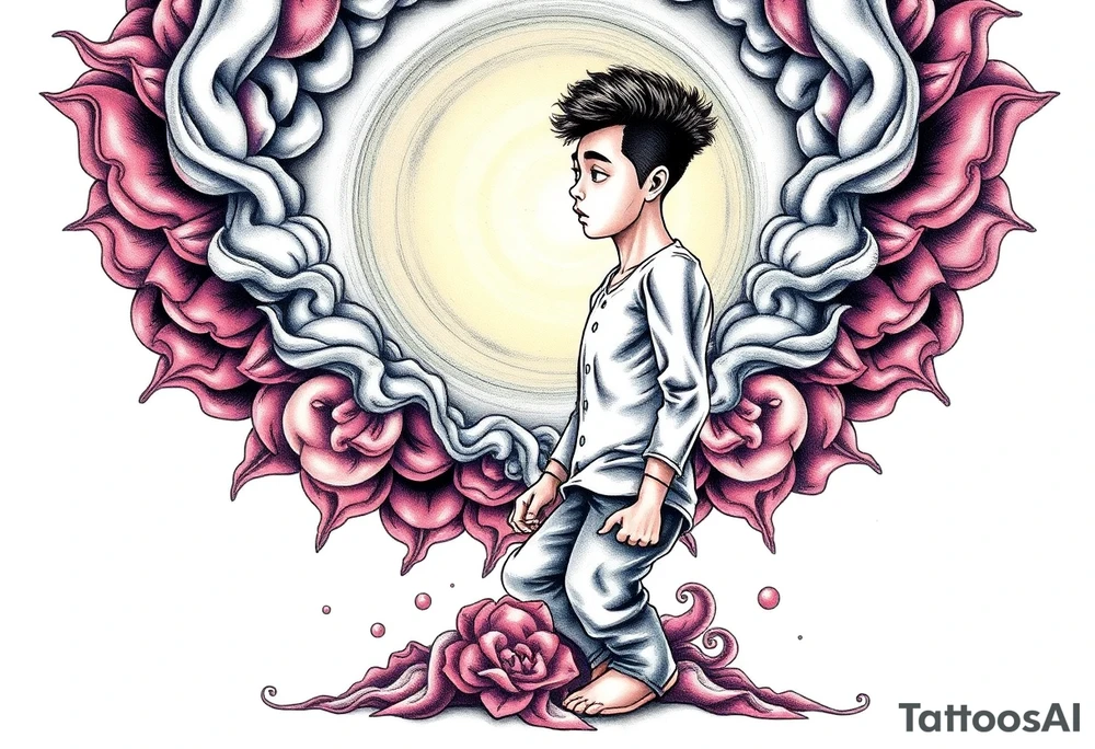 Handsome Asian young guy is standing on his knees sorry tattoo idea