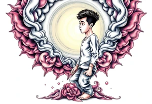 Handsome Asian young guy is standing on his knees sorry tattoo idea
