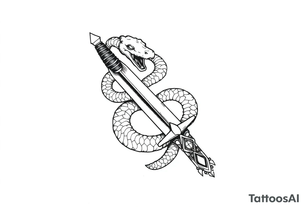 mystical snake coiled around an ancient dagger with jeweled hilt tattoo idea