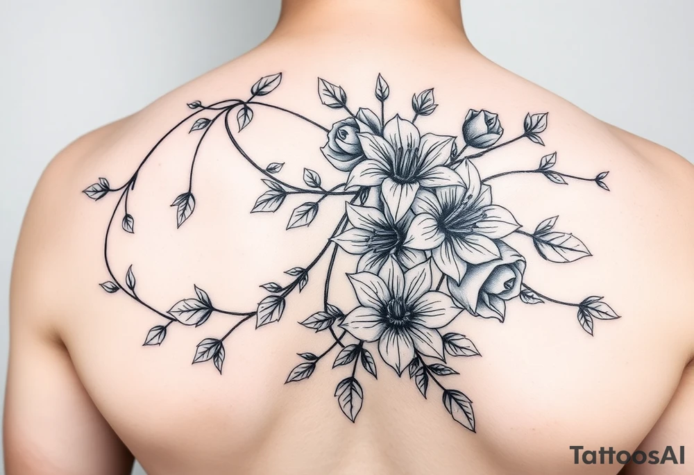 Orchard vines with roses and lilies on the arm tattoo idea