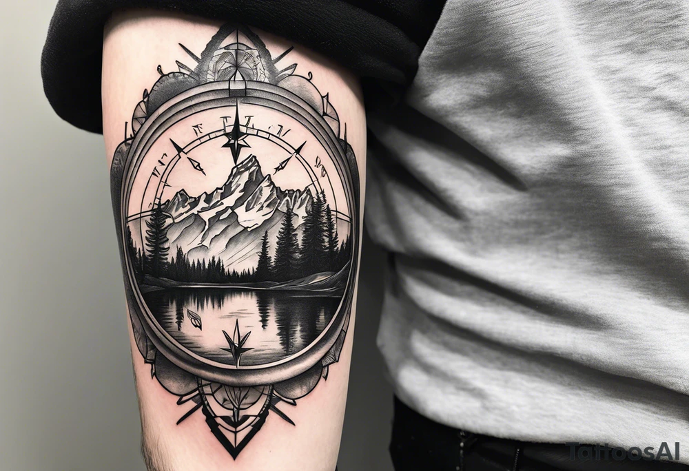 compass sleeve with grand Tetons in the middle tattoo idea